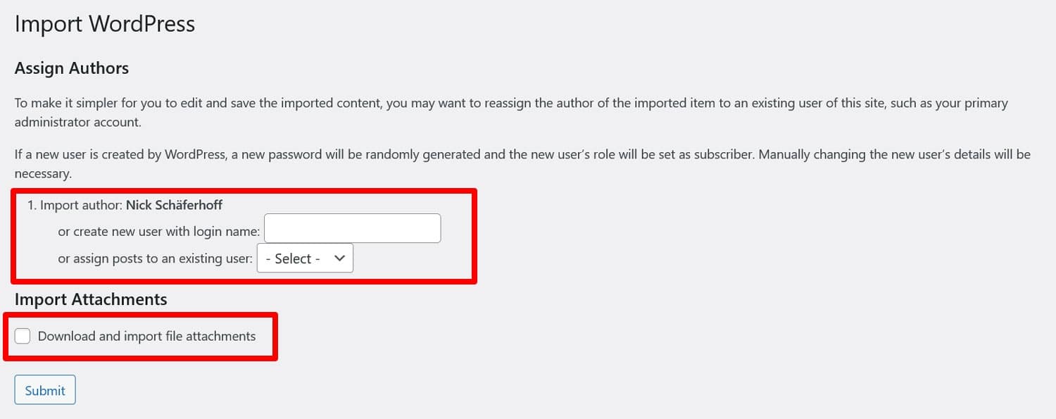 Assign imported content to WordPress user