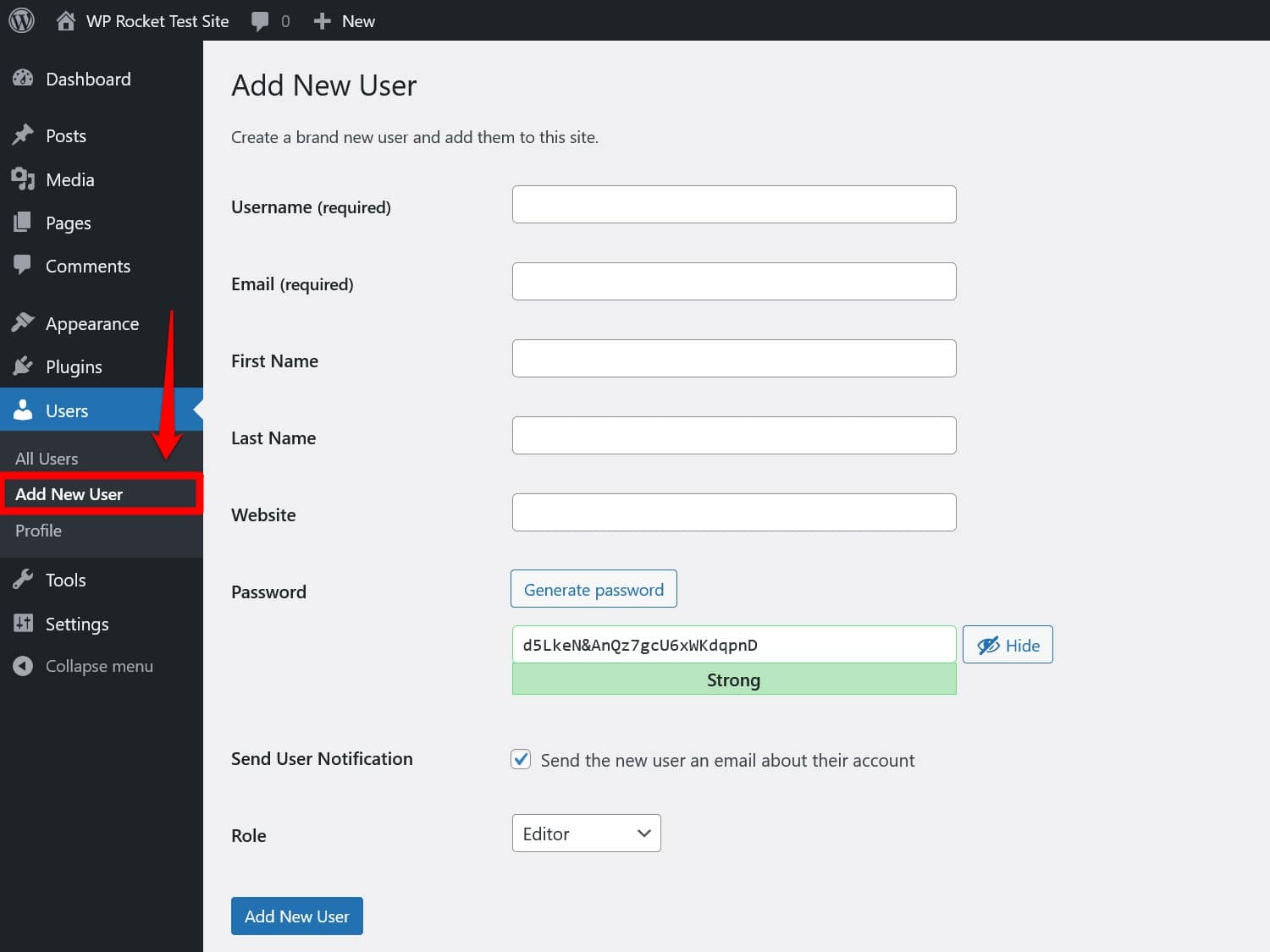 Create a new user in WordPress