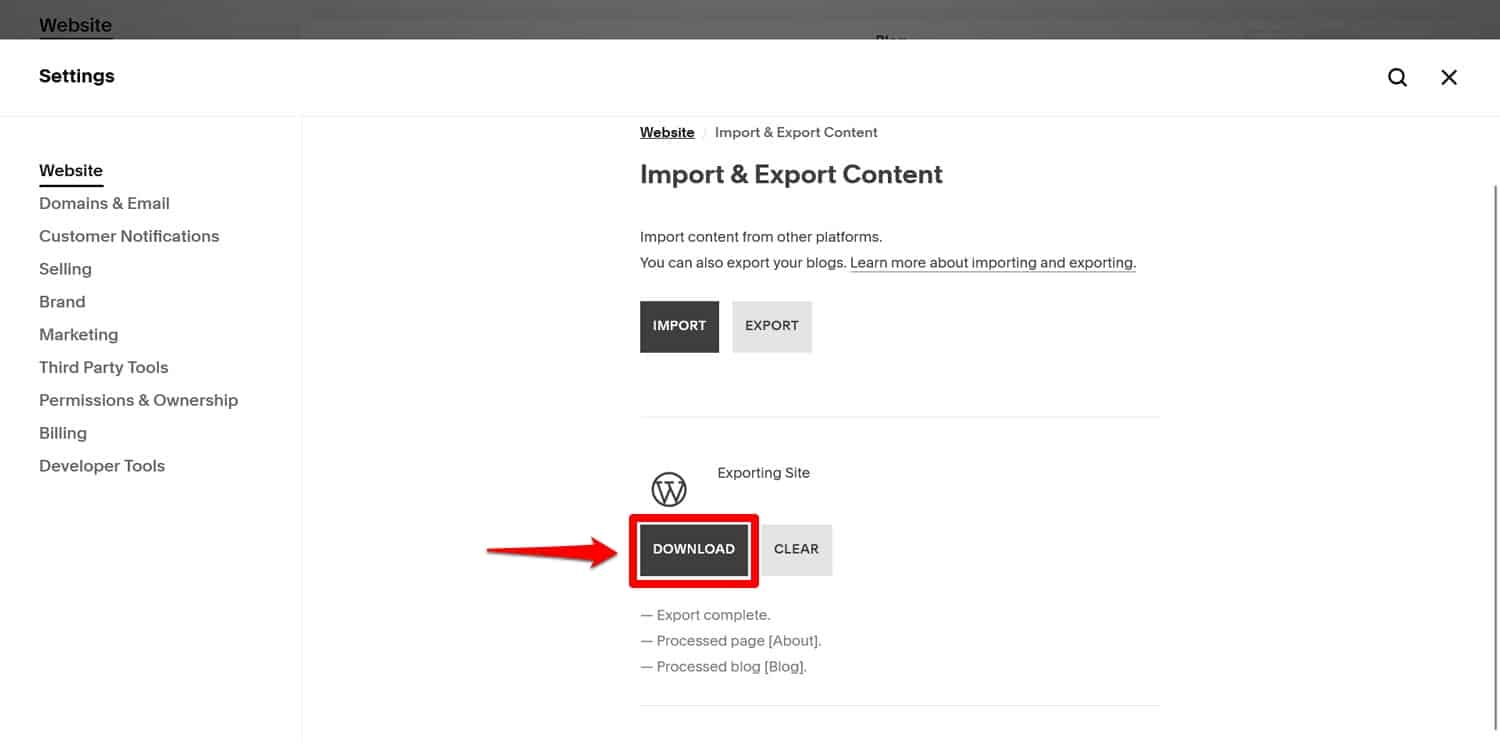 Download Squarespace XML file after export is complete