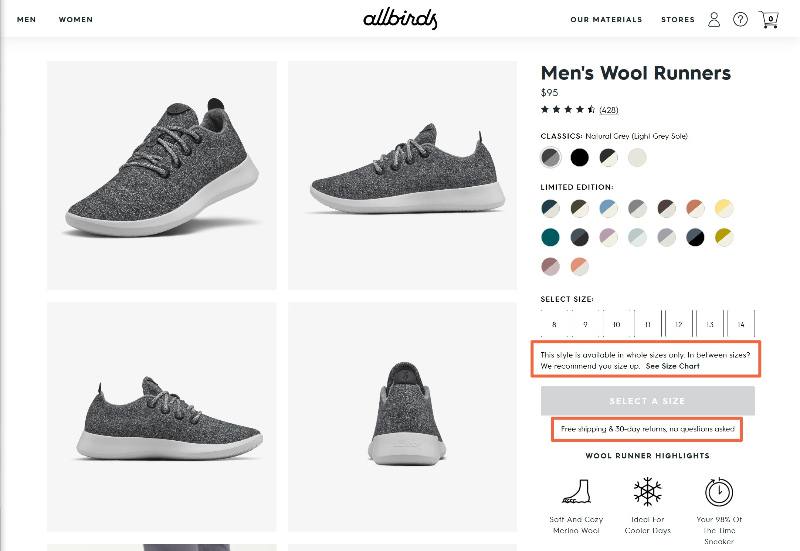 Allbirds' product descriptions address customers' concerns