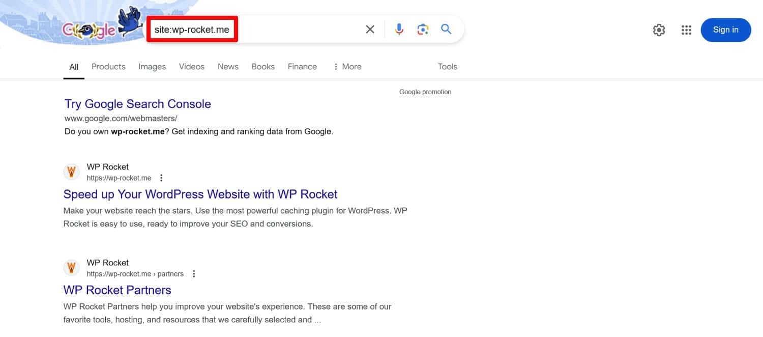 Google results using the site: operator