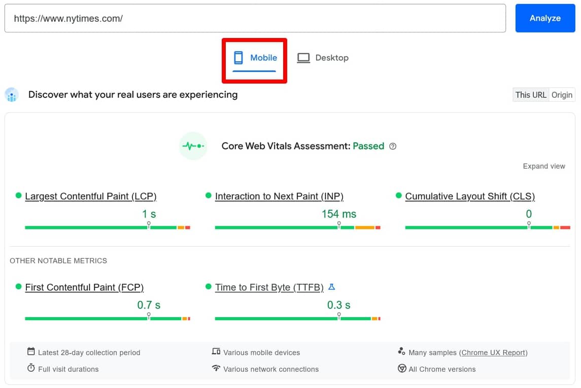 Mobile performance analyzed separately in PageSpeed Insights