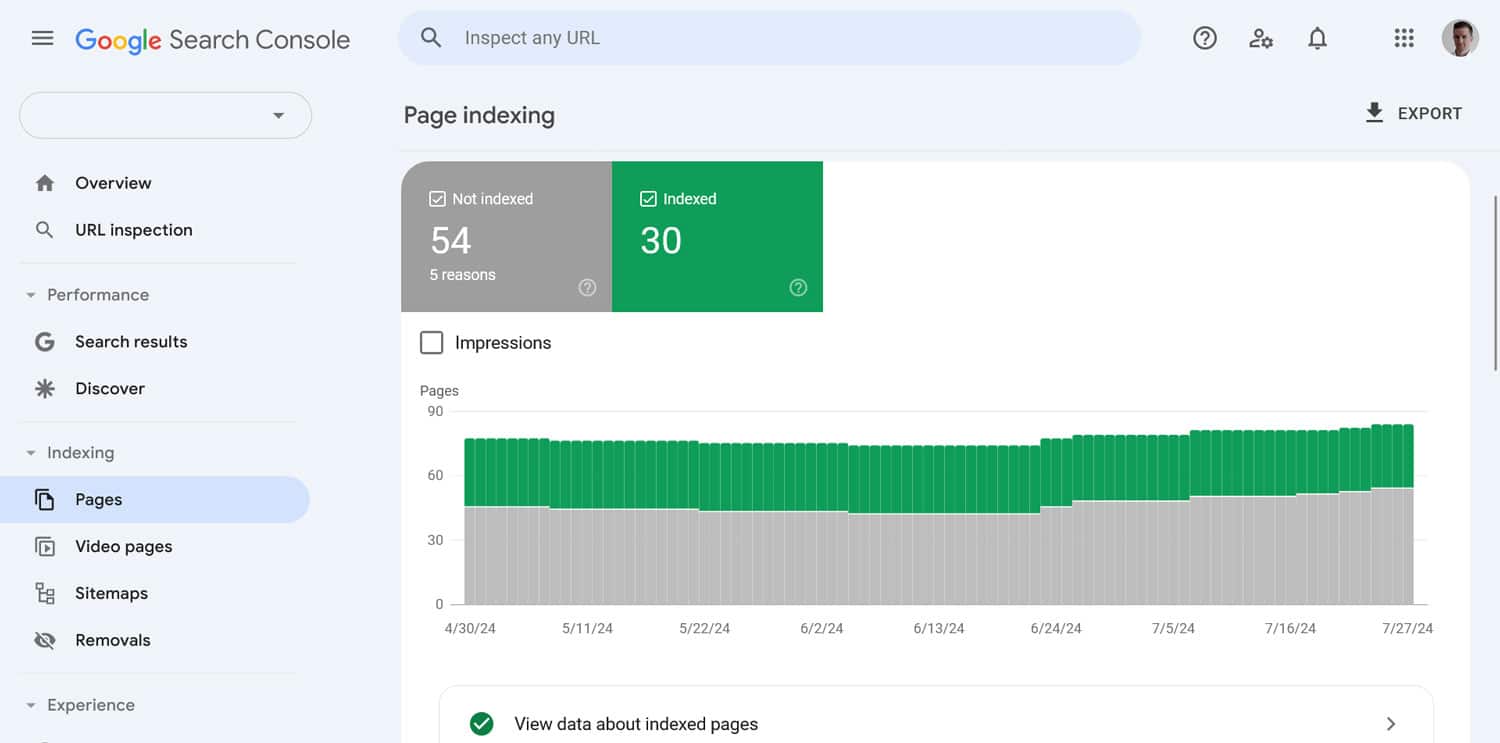 Google Search Console page indexing status