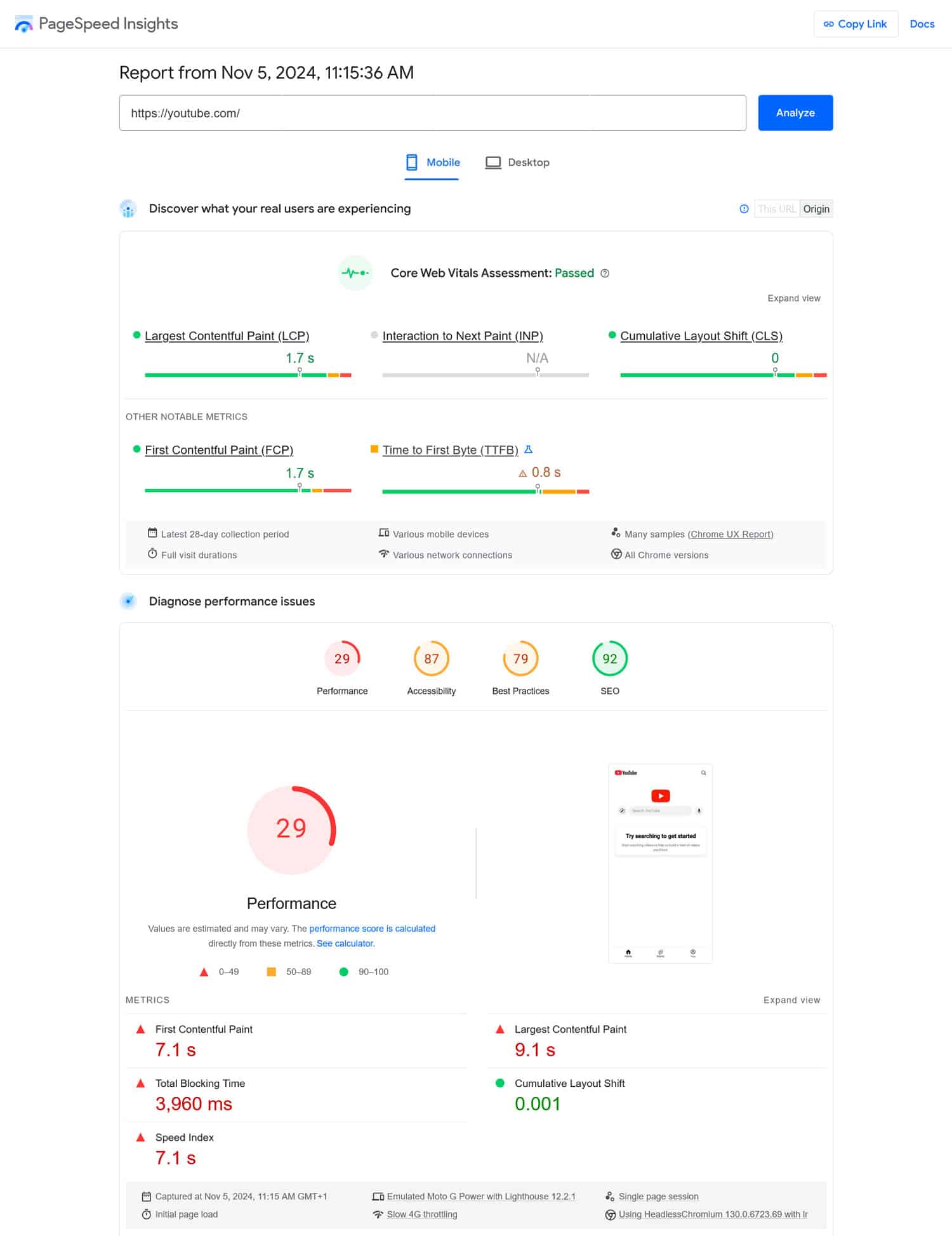 PageSpeed Insights mobile performance analysis results