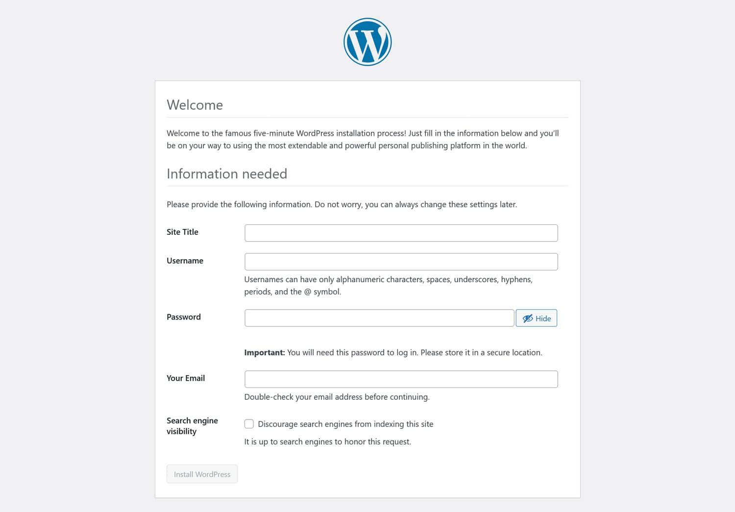 WordPress installation menu