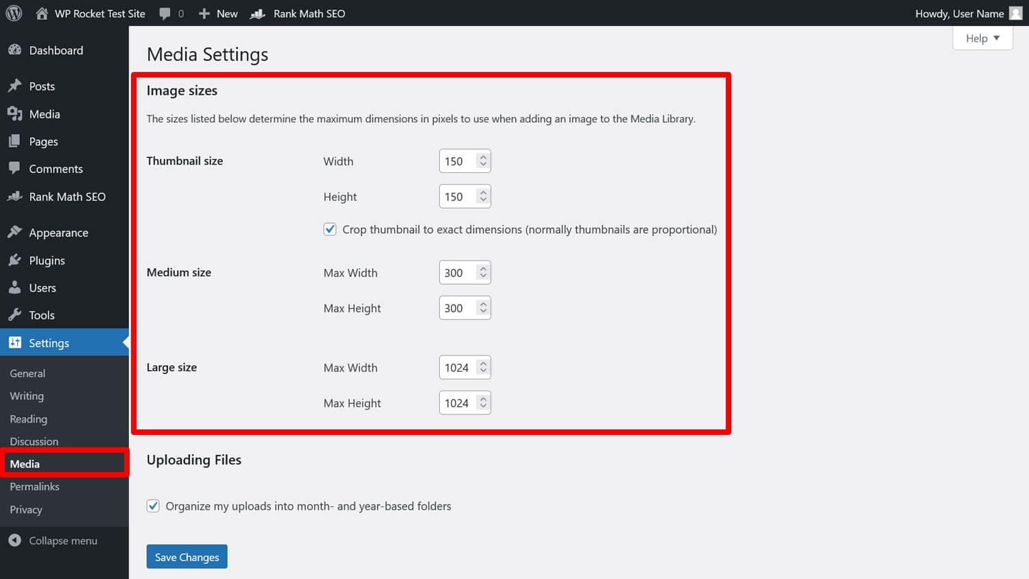 WordPress media settings