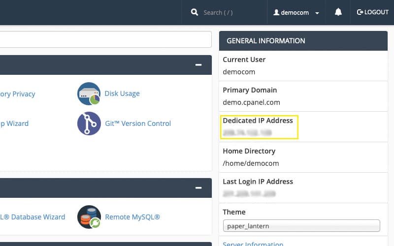 cPanel - General Information tab