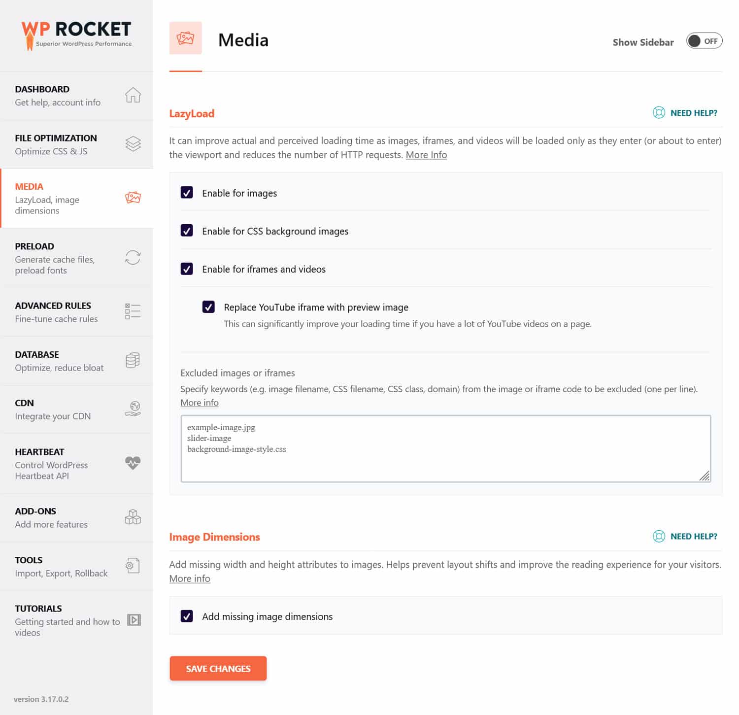 Example of the WP Rocket user interface