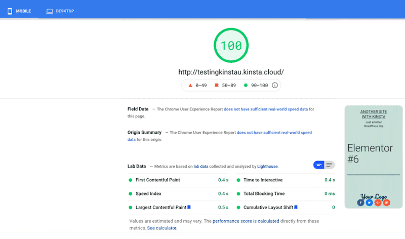 100/100 on mobile with Kinsta and WP Rocket - Source: PSI
