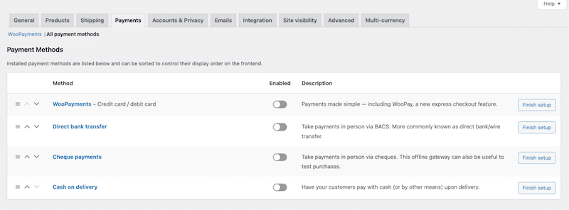 Adding more payment gateways with WooCommerce - Source: My WooCommerce test site admin
