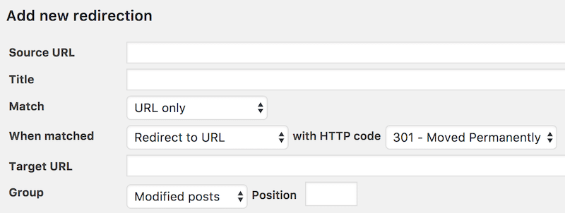 Adding redirection from WordPress - Source: Redirection
