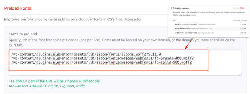 Adding the fonts to preload in WP Rocket dashboard according to PSI recommendations