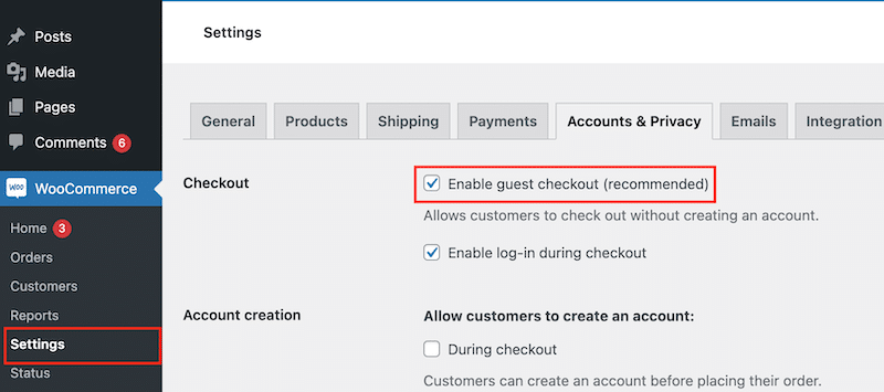 Allowing guest checkout - Source: WooCommerce admin