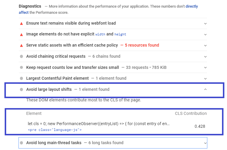 Avoid large layout shifts - PageSpeed Insights