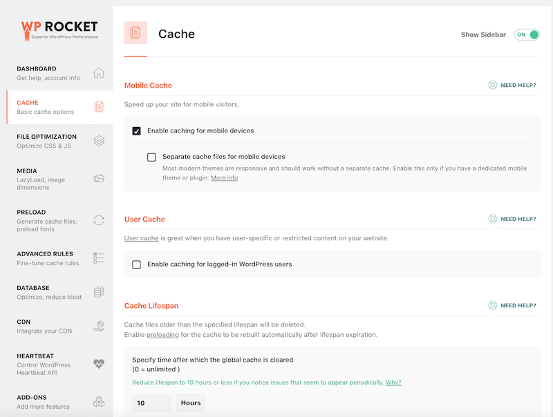 Caching features - Source: WP Rocket
