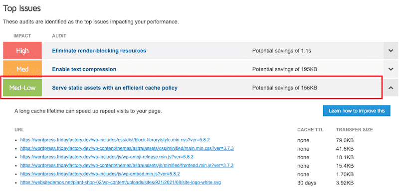 Checking browser caching - Source: GTmetrix