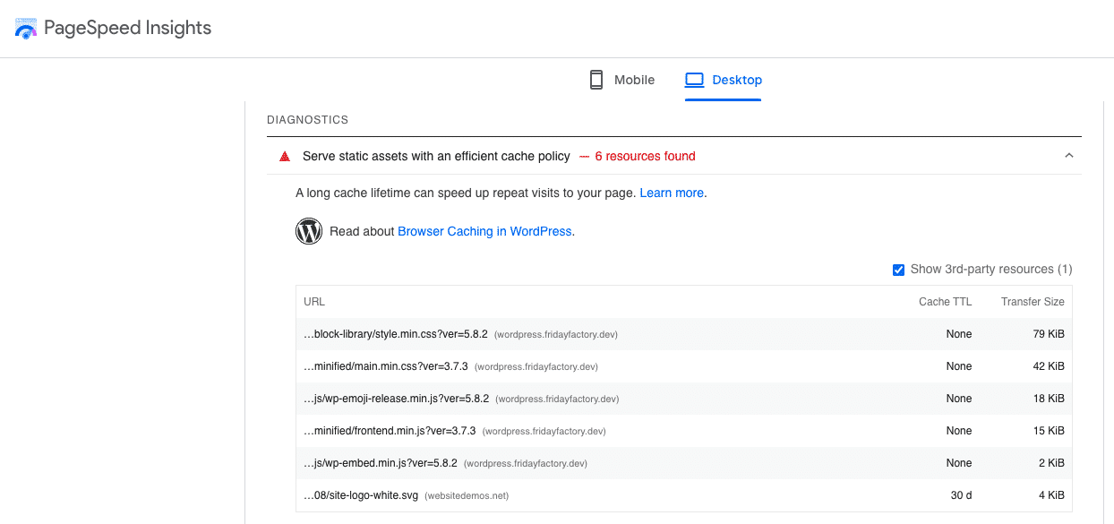 Checking browser caching - Source: PSI