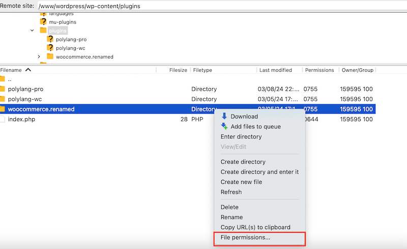 Checking File permissions to fix the 500 internal error - Source: FTP
