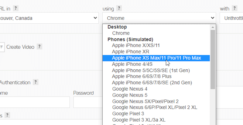 Choosing the device on GTmetrix - Source: GTmetrix
