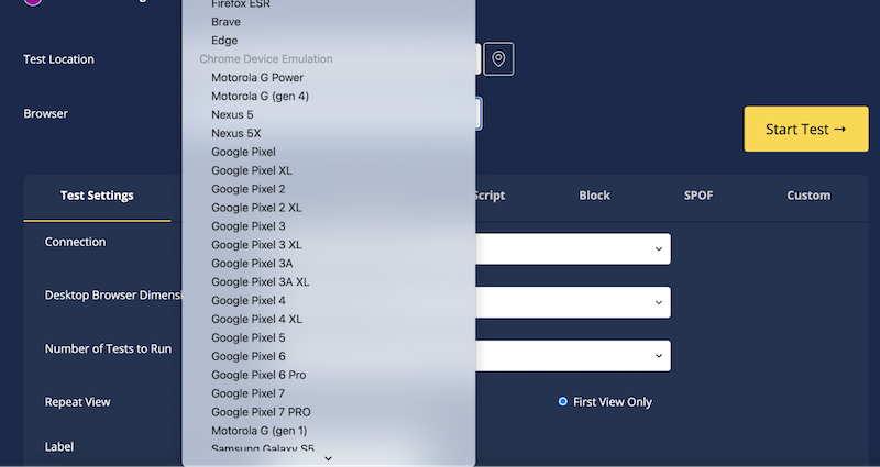 Choosing the mobile device - Source: WebPageTest 
