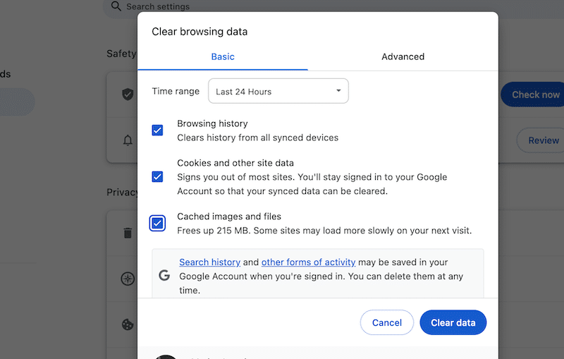 Clearing data and emptying cache on the Chrome browser - Source: Chrome 
