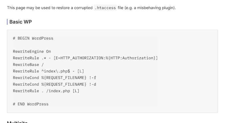 Code to correct a corrupted .htaccess file - Source: WordPress.org
