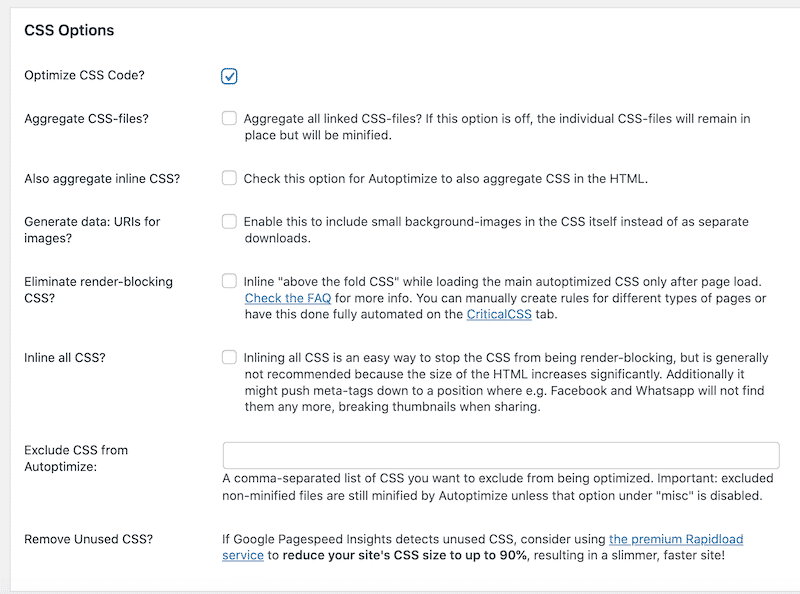 CSS options - Source: Autoptimize