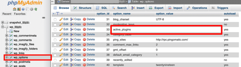 Deactivating plugins with phpMyAdmin - Source phpMyAdmin
