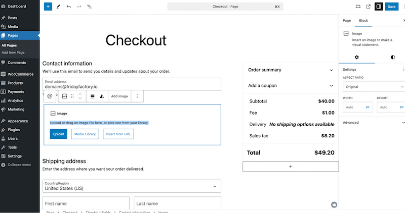 Easily edit the WooCommerce checkout page with the WordPress editor - Source: WooCommerce admin.
