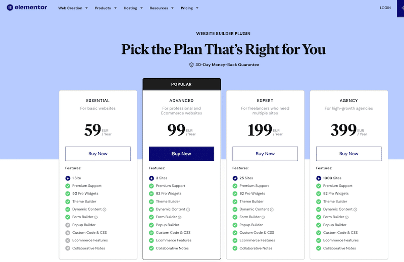 Elementor pricing - Source: Elementor
