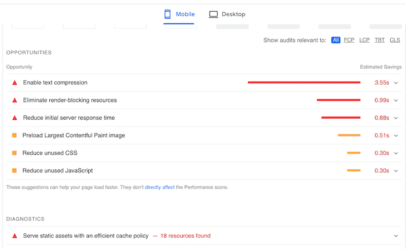 Flagged issues for Elementor - Source: PageSpeed Insights
