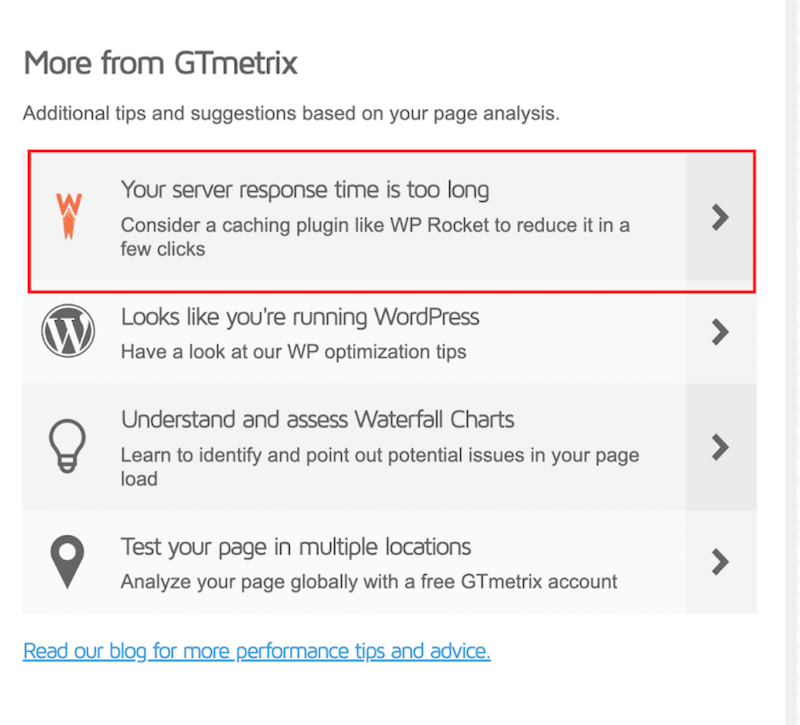 GTmetrix recommends WP Rocket to boost performance - Source: GTmetrix
