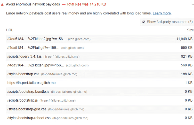 Heavy files and total size of the network exceeding 5000 KiB- Source: Web.dev
