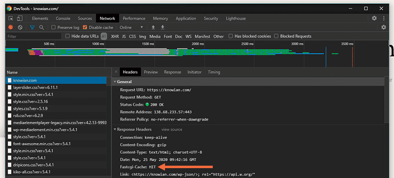 “Fastcgi-Cache: HIT” response header confirms that FastCGI Cache is enabled