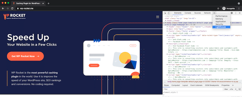 Left: WP Rocket website in incognito mode I Right: The Developer tools section Source: Google Chrome Dev Tools