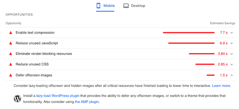 Opportunities section without WP Rocket - Source: PSI
