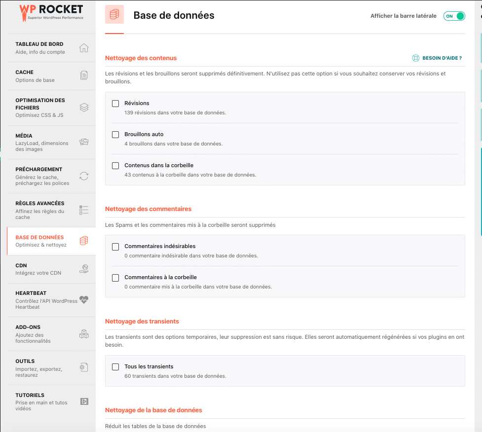 Optimisation de la base de données - Tableau de bord WP Rocket
