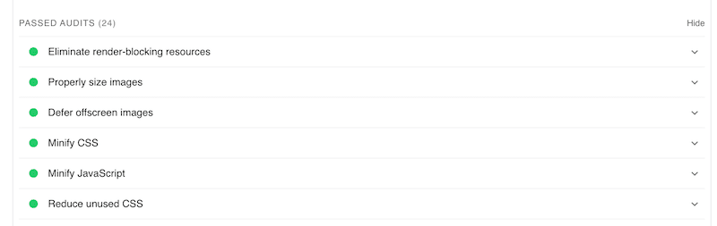 Passed audits section after optimization - Source: PageSpeed Insights 
