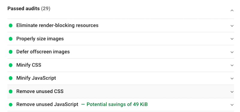The Passed audits report for WP Rocket on PageSpeed Insight – Source: PSI