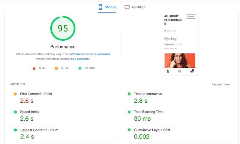 Performance of my eCommerce site with WP Rocket - Source: PSI
