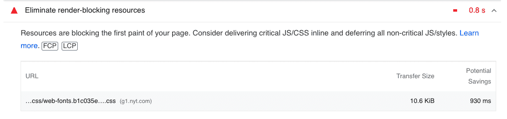 Potential savings if we eliminate render-blocking resources related to web font CSS- Source: PageSpeed Insights
