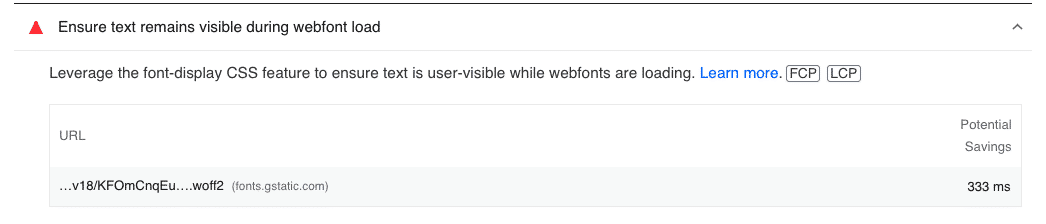 Potential savings if we ensure that text remains visible during webfont load - Source: PageSpeed Insights
