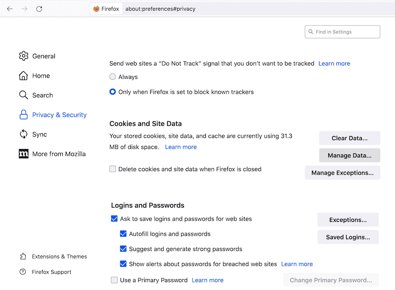 Privacy & Security section - Source: Firefox