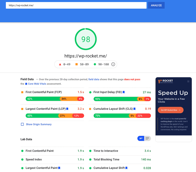 The Core Web Vitals scores with PageSpeed Insights 
