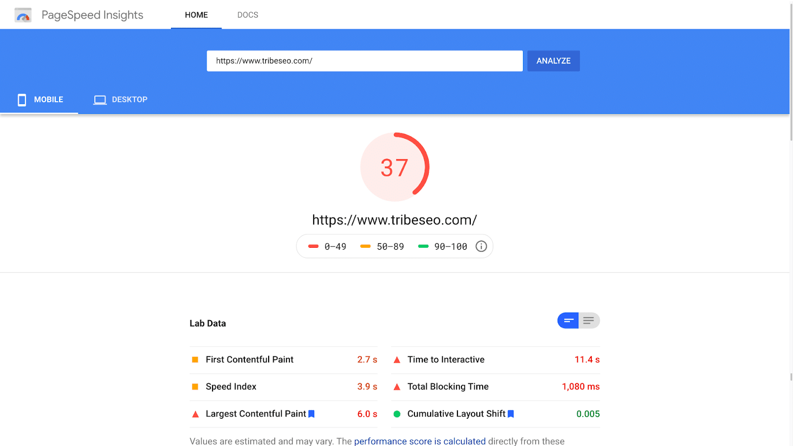 PBad ageSpeed Insights mobile score