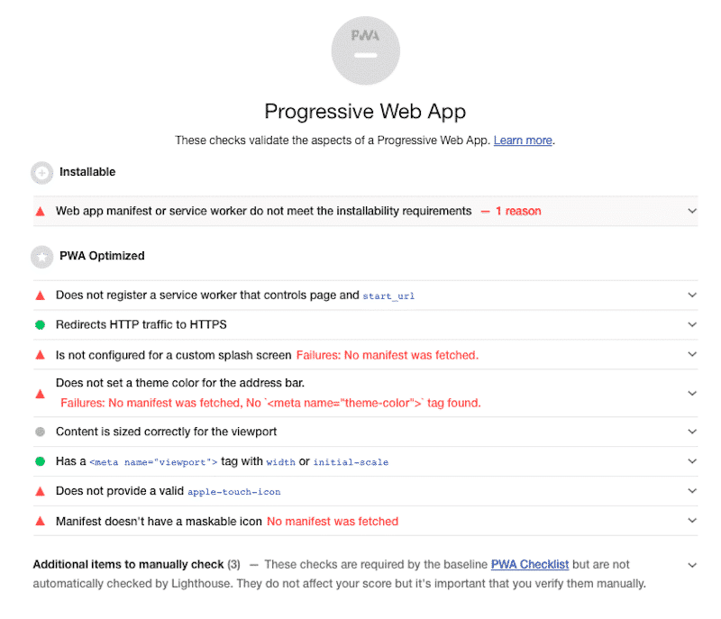 PWA report – Source: Lighthouse report from Google Chrome Dev Tools