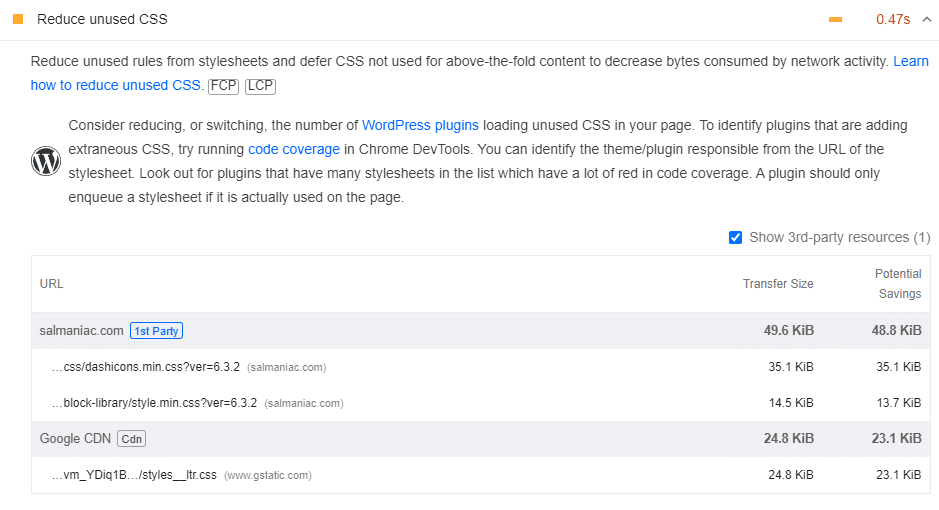 “Reduce unused CSS” recommendation in PageSpeed Insights

