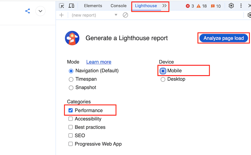 Running a performance test on mobile - Source: Chrome DevTools
