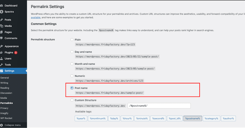 Serving optimized URLs on WordPress and WooCommerce - Source: The WordPress admin
