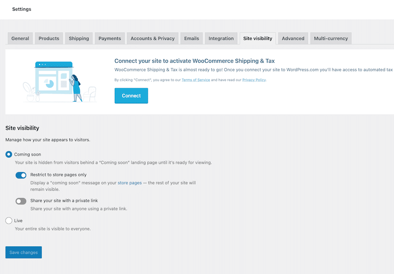 Site visibility tab - Source: WooCommerce dashboard
